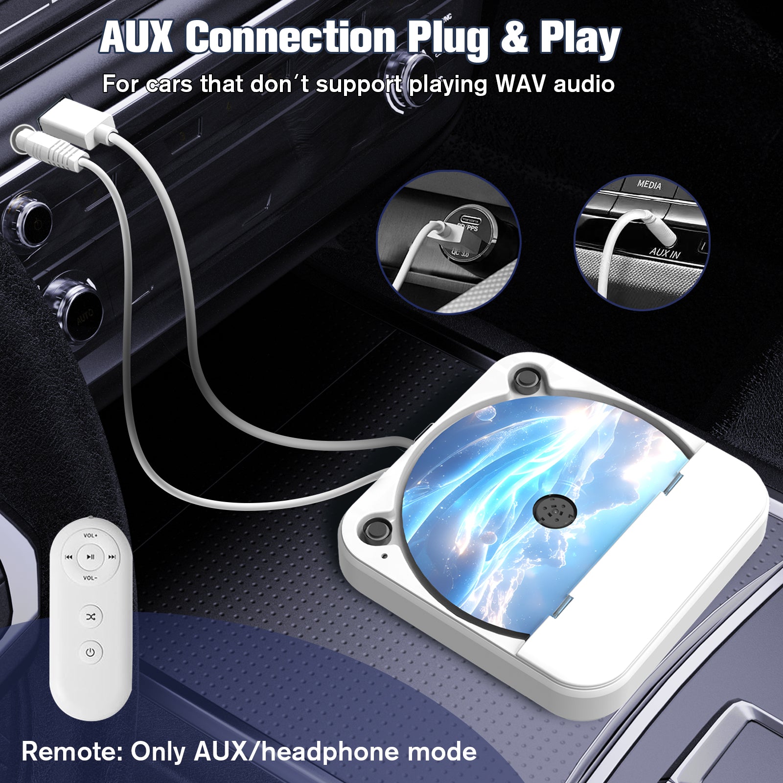 External Portable CD Player for Car, Plug and Play Car CD Player with USB Port AUX Port, Universal USB Player for Vehicle, Laptop, TV, Computer, for Android 4.4 and Above Navigation