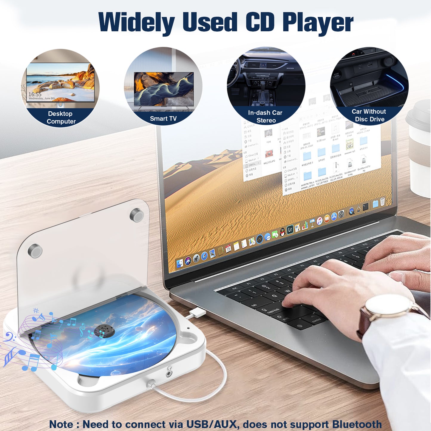 External Portable CD Player for Car, Plug and Play Car CD Player with USB Port AUX Port, Universal USB Player for Vehicle, Laptop, TV, Computer, for Android 4.4 and Above Navigation