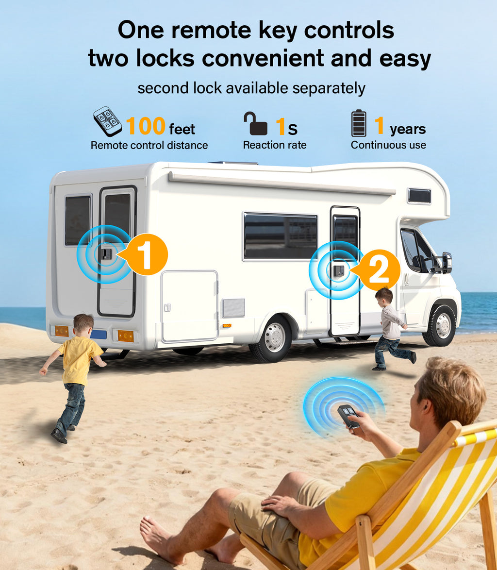 RV Door Lock Keyless Entry - Waterproof with Smart Voice Guidance, Remote, Fingerprint & Keypad, Full Metal Camper Motorhome Trailer Latch Handle Replacement, Fits 3.75"x2.75" Lock Hole