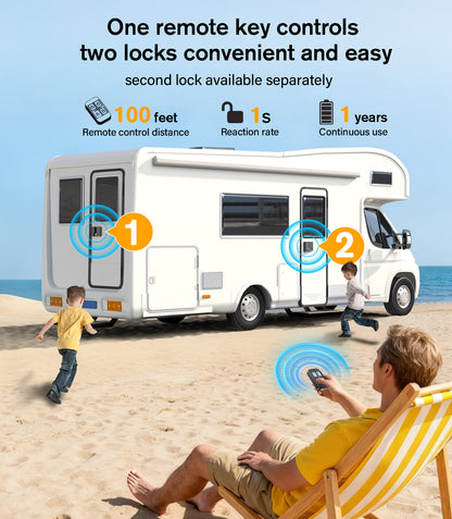 RV Door Lock Keyless Entry - Waterproof with Smart Voice Guidance, Remote, Fingerprint & Keypad, Full Metal Camper Motorhome Trailer Latch Handle Replacement, Fits 3.75"x2.75" Lock Hole