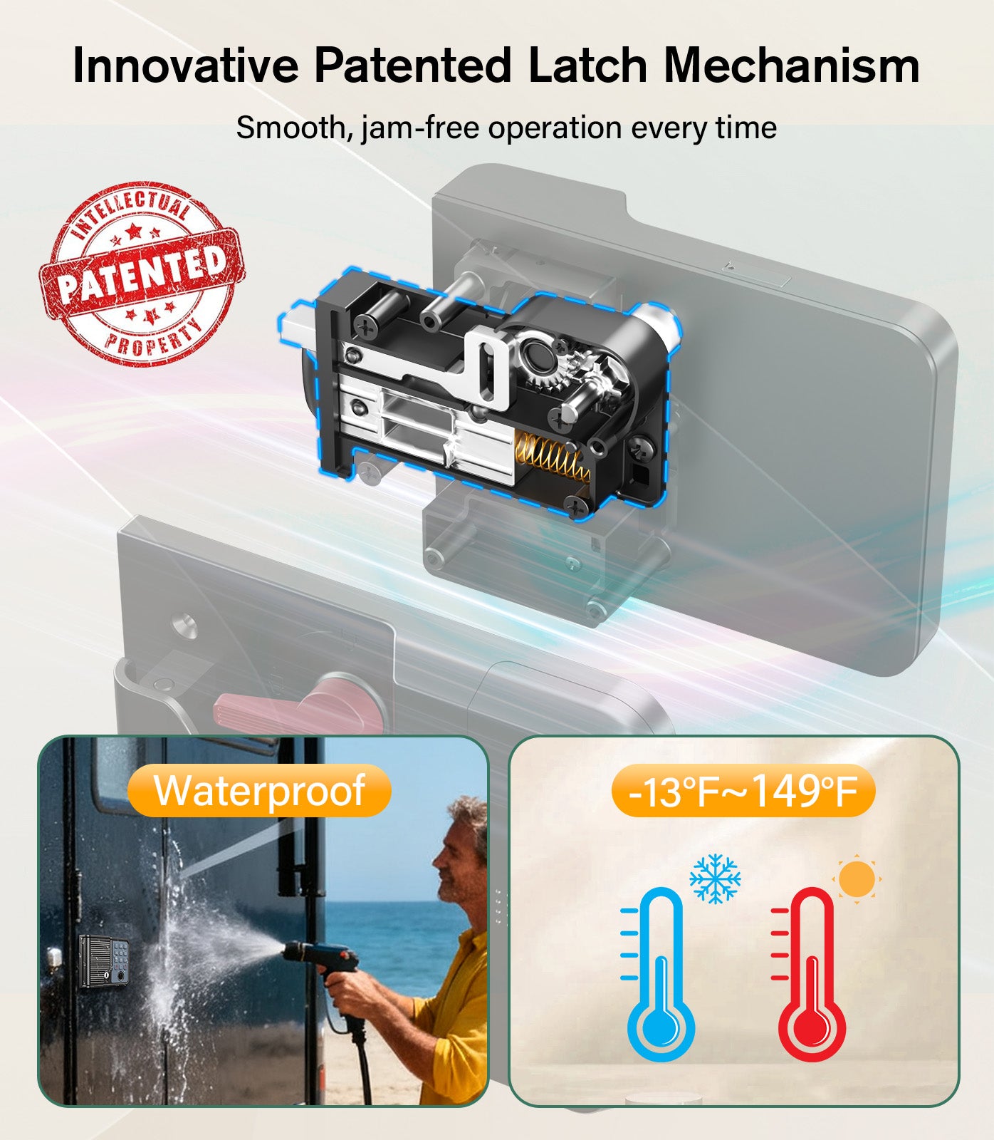 RV Door Lock Keyless Entry - Waterproof with Smart Voice Guidance, Remote, Fingerprint & Keypad, Full Metal Camper Motorhome Trailer Latch Handle Replacement, Fits 3.75