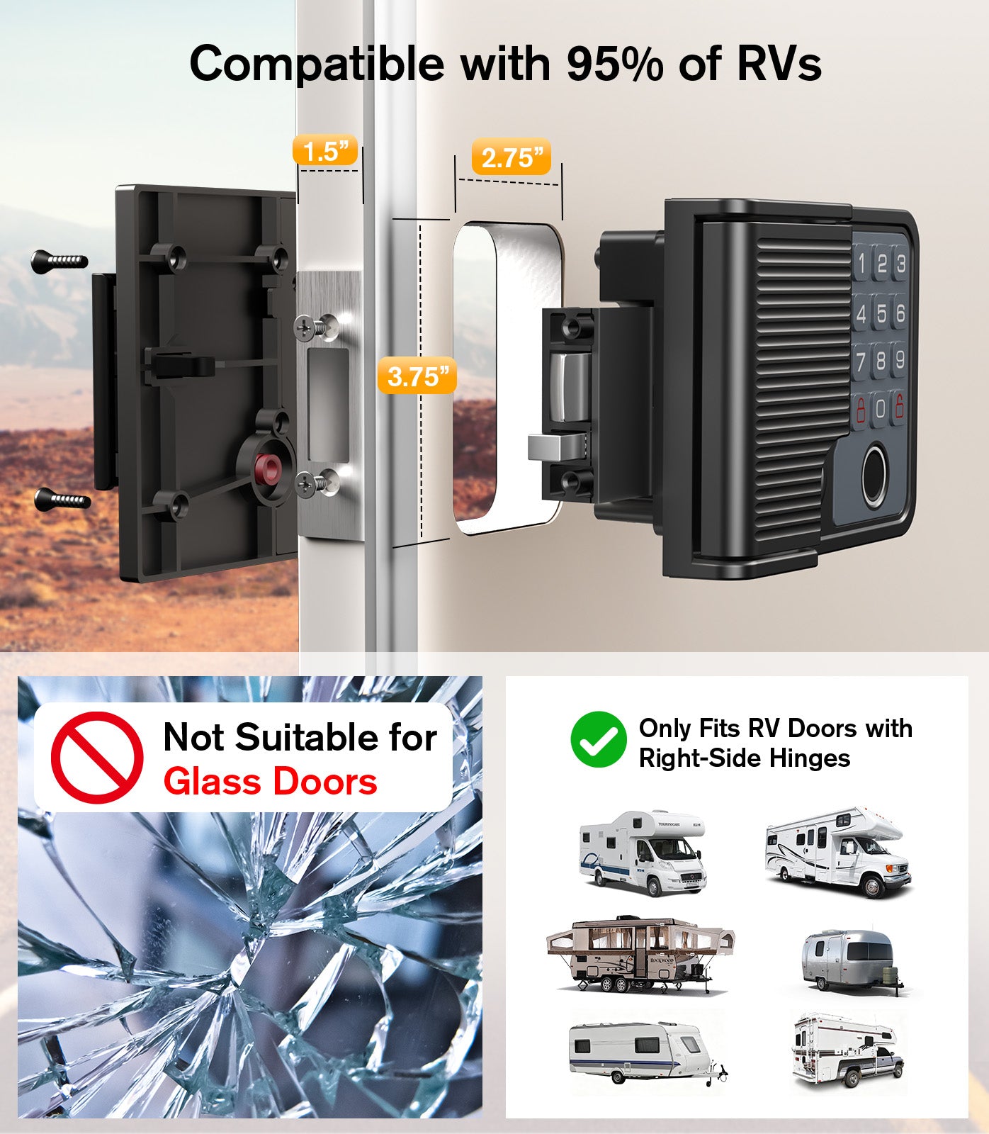 RV Door Lock Keyless Entry - Waterproof with Smart Voice Guidance, Remote, Fingerprint & Keypad, Full Metal Camper Motorhome Trailer Latch Handle Replacement, Fits 3.75